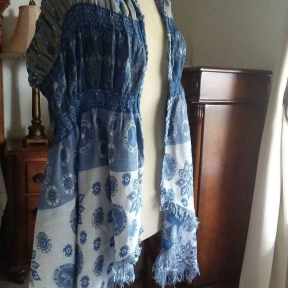 Blue Floral Large Scarf with fringe, 80"x16" - Picture 7 of 8